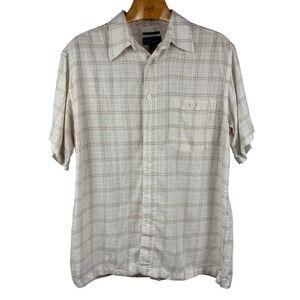 Marc Edwards Linen Shirt Mens XL Beige Plaid Short Sleeve Button Up